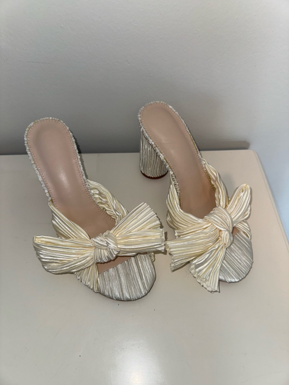 Pleated Bow High Heel Sandals in Ivory